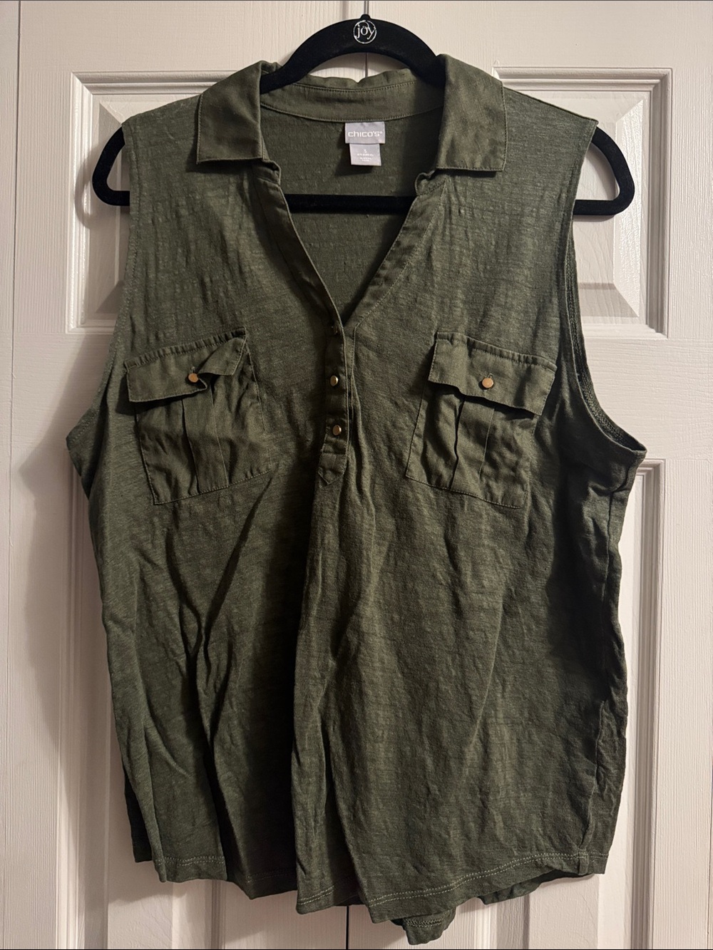 Chico's Dark Olive Sleeveless Linen Top, Sz 3